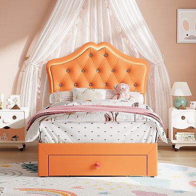 Upholstered LED Bed Frame Princess Platform Bed with Storage Drawer, Velvet Crystal Button Headboard