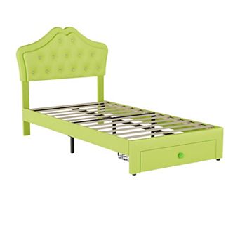 Upholstered LED Bed Frame Princess Platform Bed with Storage Drawer, Velvet Crystal Button Headboard
