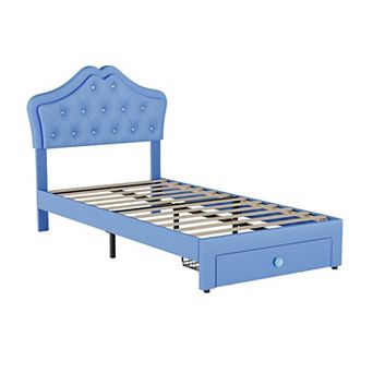 Upholstered LED Bed Frame Princess Platform Bed with Storage Drawer, Velvet Crystal Button Headboard