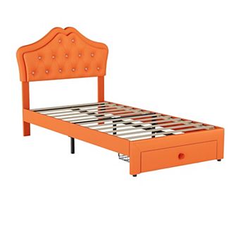 Upholstered LED Bed Frame Princess Platform Bed with Storage Drawer, Velvet Crystal Button Headboard