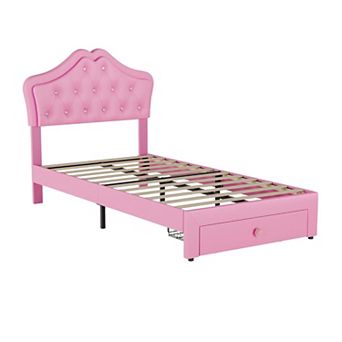 Upholstered LED Bed Frame Princess Platform Bed with Storage Drawer, Velvet Crystal Button Headboard
