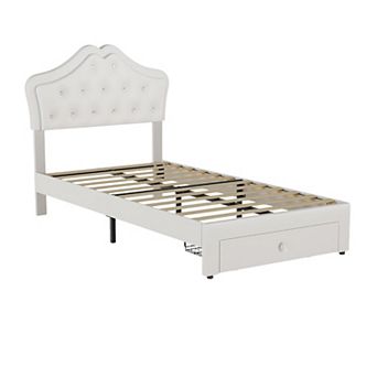 Upholstered LED Bed Frame Princess Platform Bed with Storage Drawer, Velvet Crystal Button Headboard