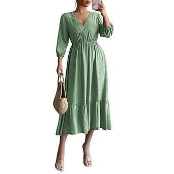 Women's Swiss Dot Midi Dress V-Neck Lace Trim 3/4 Sleeve Casual Office Wear