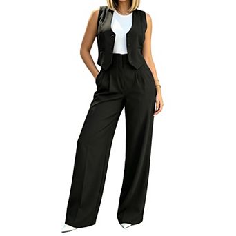 Women's 2 pc Outfit Set Sleeveless Blazer Vest and High Waisted Pants Business Casual Suit Set