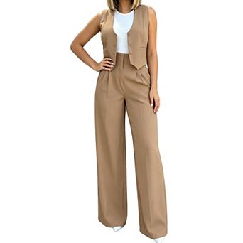 Women's 2 pc Outfit Set Sleeveless Blazer Vest and High Waisted Pants Business Casual Suit Set