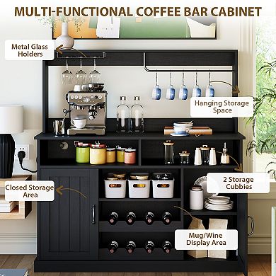 47" Coffee Bar Cabinet with Power Outlet, Wine Rack, Goblet Holder, Mug Hooks, Adjustable Shelves