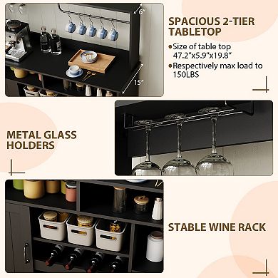 47" Coffee Bar Cabinet with Power Outlet, Wine Rack, Goblet Holder, Mug Hooks, Adjustable Shelves