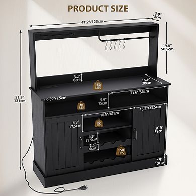 47" Coffee Bar Cabinet with Power Outlet, Wine Rack, Goblet Holder, Mug Hooks, Adjustable Shelves