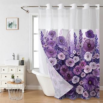 Floral No-Hook Shower Curtain with Snap-in Liner, Oil Painting, Washable