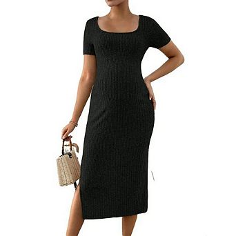 Women's Ribbed Knit Midi Dress Square Neck Short Sleeve with Slit Casual Office Wear
