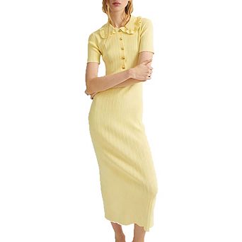 Women's Ribbed Knit Midi Dress Peter Pan Collar Casual Daily Wear