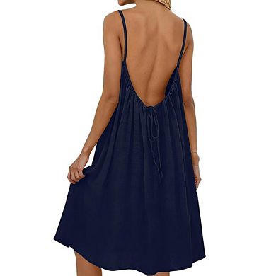 Women's Spaghetti Strap Linen-Blend Midi Dress Pleated Front Casual Summer Vacation Wear