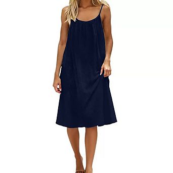 Women's Spaghetti Strap Linen-Blend Midi Dress Pleated Front Casual Summer Vacation Wear