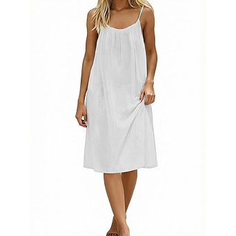 Women's Spaghetti Strap Linen-Blend Midi Dress Pleated Front Casual Summer Vacation Wear