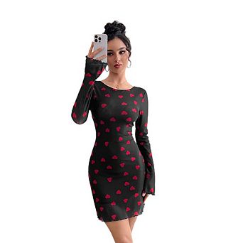 Women's Heart Print Long Sleeve Mini Dress Round Neck Casual Party Evening Wear