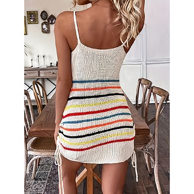 Women's Striped Knit Mini Dress Spaghetti Strap Casual Beach Vacation Wear