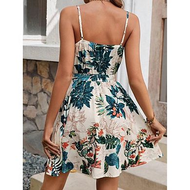 Women's Print Spaghetti Strap Mini Dress V-Neck with Belt Casual Summer Wear