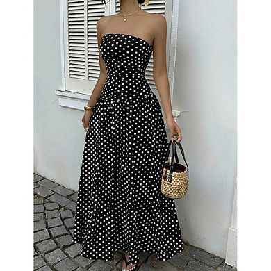 Women's Strapless Polka Dot Maxi Dress Ruched Bodice Casual Summer Vacation Wear