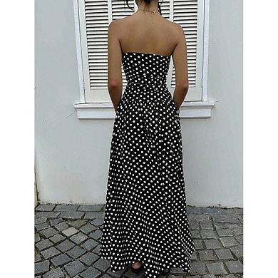 Women's Strapless Polka Dot Maxi Dress Ruched Bodice Casual Summer Vacation Wear