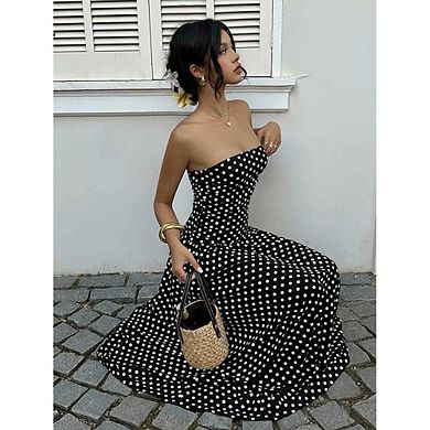 Women's Strapless Polka Dot Maxi Dress Ruched Bodice Casual Summer Vacation Wear