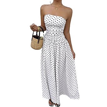 Women's Strapless Polka Dot Maxi Dress Ruched Bodice Casual Summer Vacation Wear