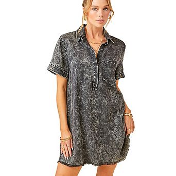 Women's Acid Wash Denim Shirt Dress Short Sleeve Casual Streetwear Daily Wear
