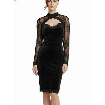 Women's Lace Velvet Midi Dress Long Sleeve Keyhole Neck Casual Party Evening Wear