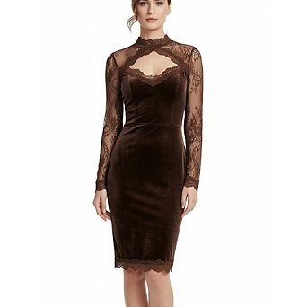 Women's Lace Velvet Midi Dress Long Sleeve Keyhole Neck Casual Party Evening Wear