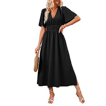 Women's V-Neck Flutter Sleeve Midi Dress with Smocked Waist Casual Summer Vacation Wear