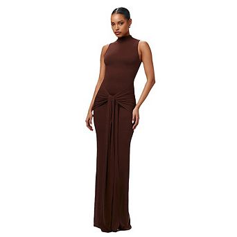 Women's Sleeveless High Neck Maxi Dress with Waist Tie Casual Formal Evening Wear