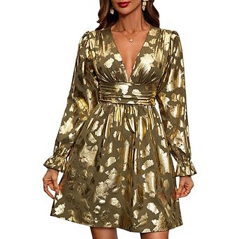 Women's Metallic Print Midi Dress V-Neck with Puff Sleeves Casual Party Evening Wear