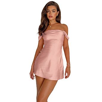 Women's Off-Shoulder Satin Mini Dress Ruched Bodice Casual Party Evening Wear