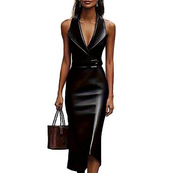 Women's Faux Leather Sleeveless Midi Dress Blazer Collar with Belt Casual Party Evening Wear