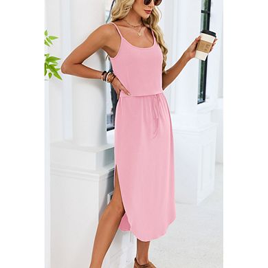 Women's Two-Piece Tank Midi Dress with Drawstring Waist & Side Slit Casual Summer Wear