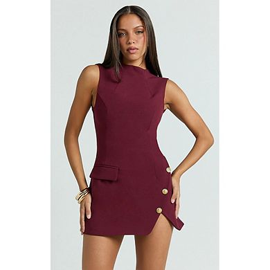 Women's Sleeveless Tailored Mini Dress High Neck Gold Button Accent Office Evening Wear
