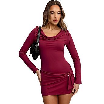 Women's Cowl Neck Bodycon Mini Dress Long Sleeve Ruched Waist Casual Party Evening Wear
