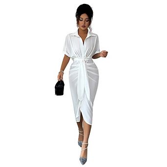 Women's Satin Wrap Shirt Midi Dress with Belt & Ruched Skirt Casual Office Evening Wear