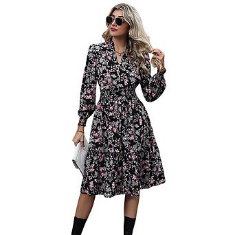 Women's Floral Print Long Sleeve Midi Dress with Smocked Waist V-Neck Casual Office Wear