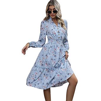 Women's Floral Print Long Sleeve Midi Dress with Smocked Waist V-Neck Casual Office Wear
