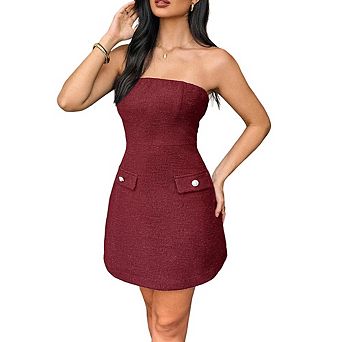 Women's Strapless Tweed Mini Dress with Pocket Buttons Casual Party Evening Wear