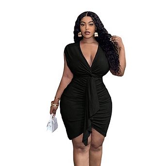 Women's Plus Size Wrap Front Bodycon Mini Dress with Ruched Sides Casual Party Evening Wear
