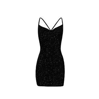Women's Velvet Sparkle Mini Dress Cowl Neck Spaghetti Straps Casual Party Evening Wear