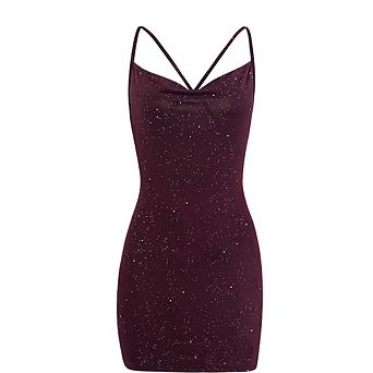 Women's Velvet Sparkle Mini Dress Cowl Neck Spaghetti Straps Casual Party Evening Wear