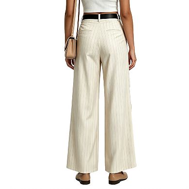 Women’s High Waist Pinstripe Wide Leg Trousers, Pleated Dress Pants with Belt for Office Casual