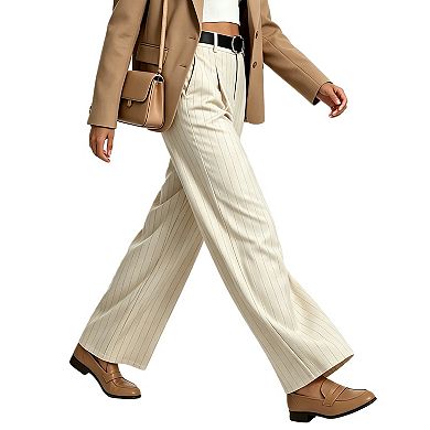 Women’s High Waist Pinstripe Wide Leg Trousers, Pleated Dress Pants with Belt for Office Casual