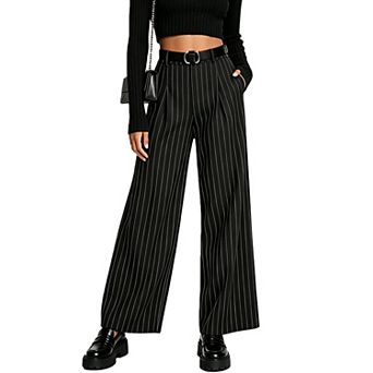 Women’s High Waist Pinstripe Wide Leg Trousers, Pleated Dress Pants with Belt for Office Casual
