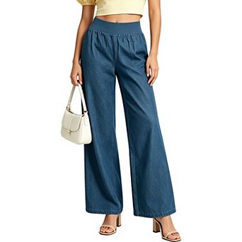 Women’s Soft Wide Leg Jeans, High Waist Elastic Waistband Loose Casual Pants