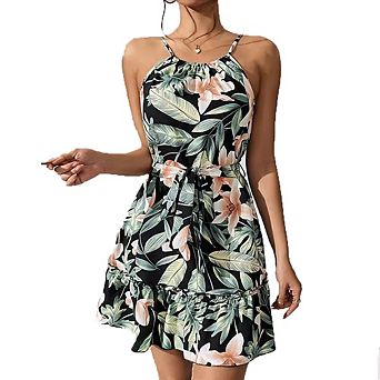 Women's Print Halter Dress Spaghetti Strap Drawstring Waist Summer Vacation Wear