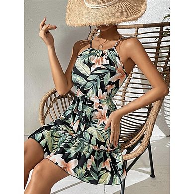 Women's Print Halter Dress Spaghetti Strap Drawstring Waist Summer Vacation Wear