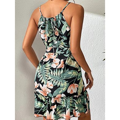 Women's Print Halter Dress Spaghetti Strap Drawstring Waist Summer Vacation Wear